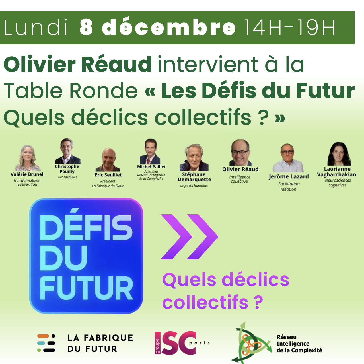 Lundi 8 décembre : Olivier Réaud intervient à la Table Ronde « Les Défis du Futur : Quels déclics collectifs ? »